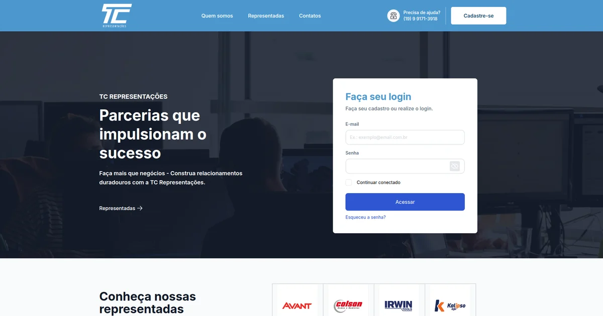 TC Representações home — public landing page and gated login portal